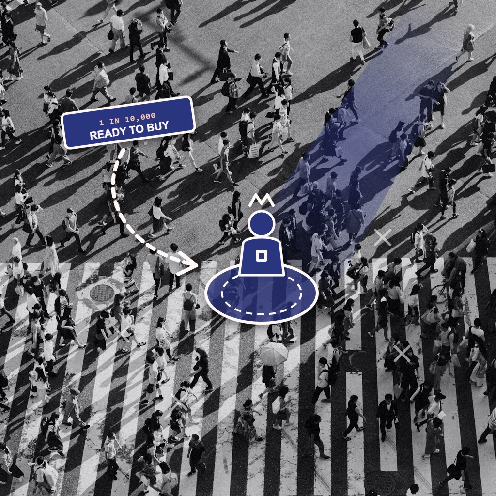Aerial monochrome crosswalk crowd with one buyer locked in a cobalt spotlight