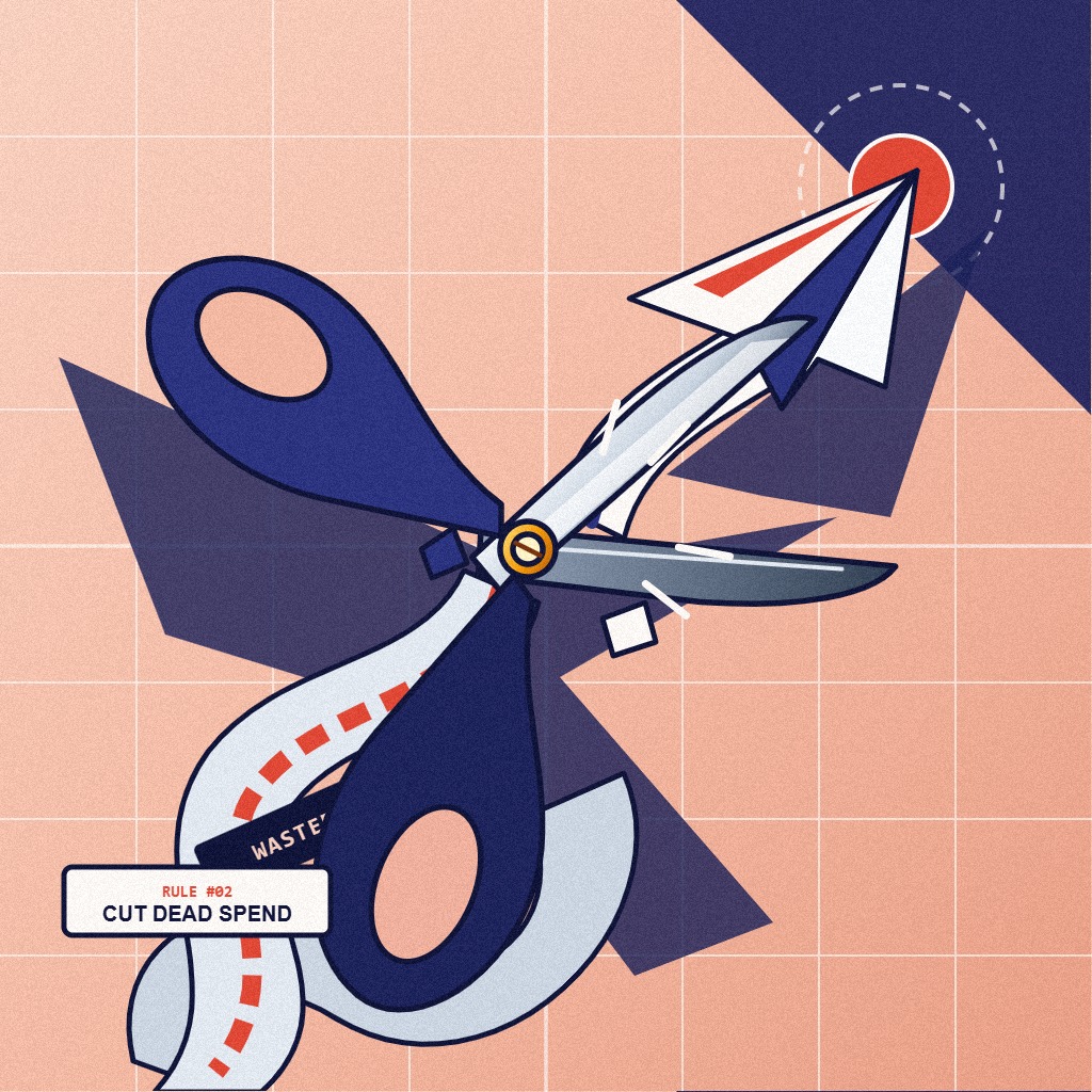 Editorial illustration of cobalt tailor shears snipping wasted ad spend tape into a soaring paper plane