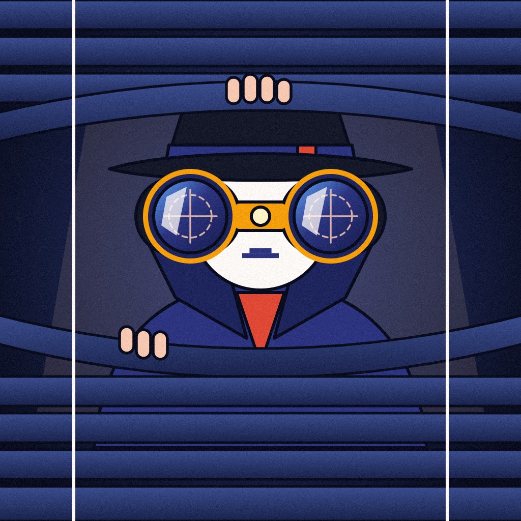 Noir illustration of the Adspion fedora agent peeking through Venetian blinds with field binoculars