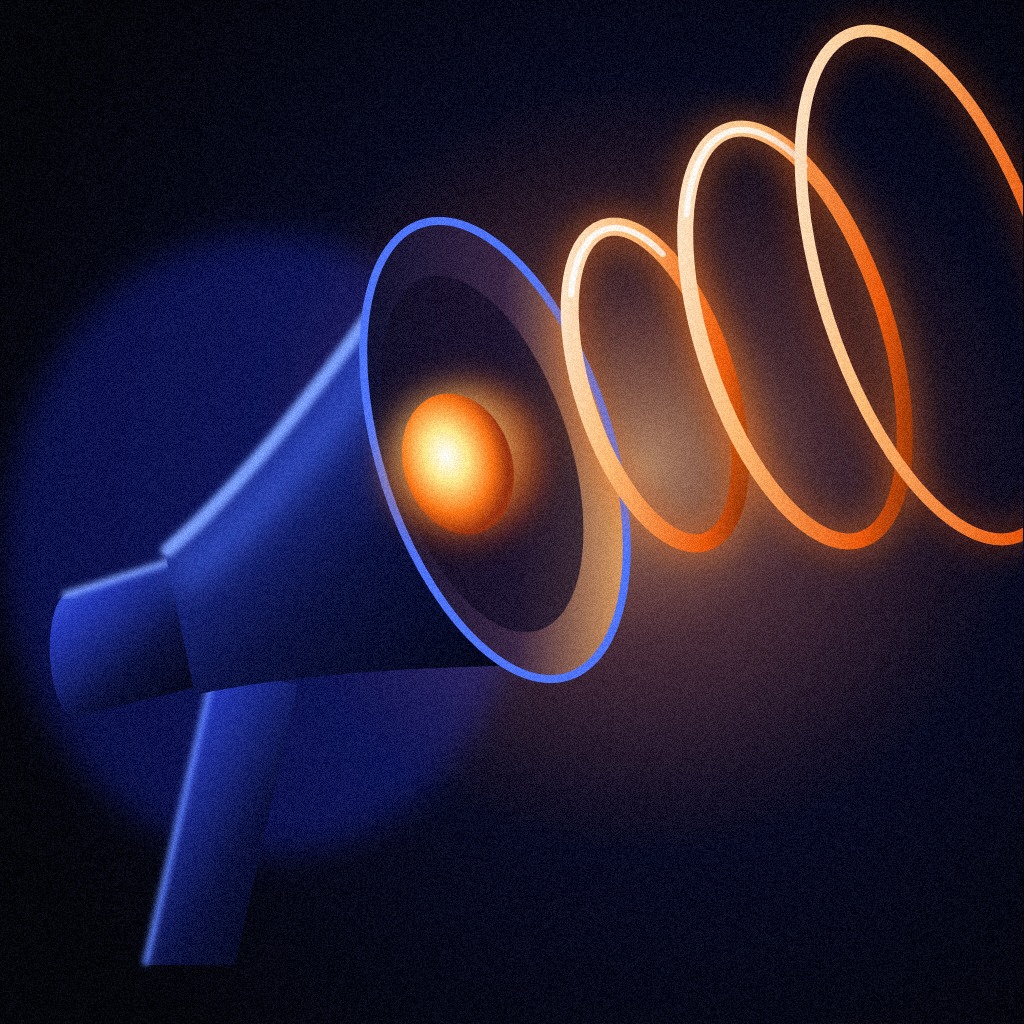 Cobalt-lit broadcast megaphone projecting glowing golden-amber soundwave rings in the dark